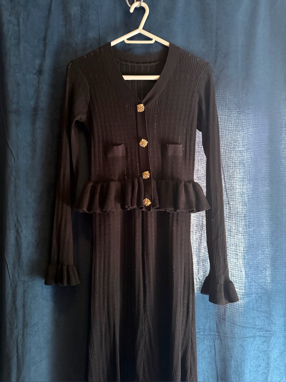 Commense Black Ruffle-Knit Dress with Gold Buttons